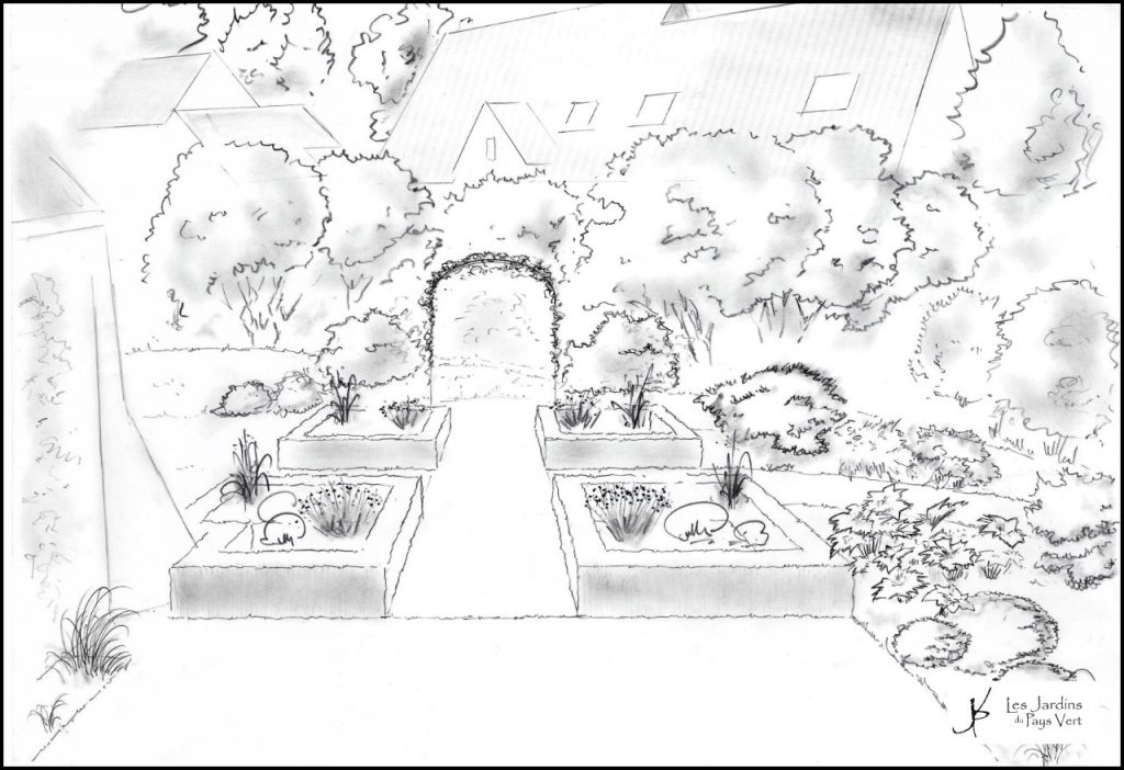 Croquis d'un jardin et d'une pergola réalisé par les Jardins du Pays Vert - Ath